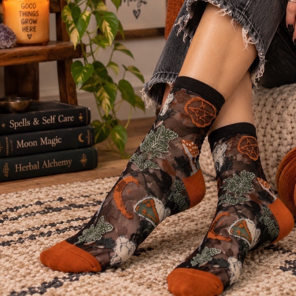 House of Hex Sheer Mesh Crew Socks Black Orange Mushroom Pentagram Tooth NWT